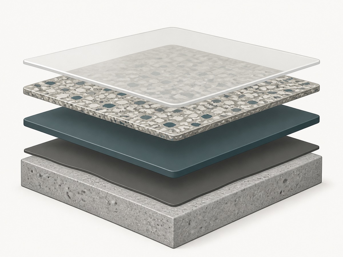 Cutaway illustration of a layered floor coating system