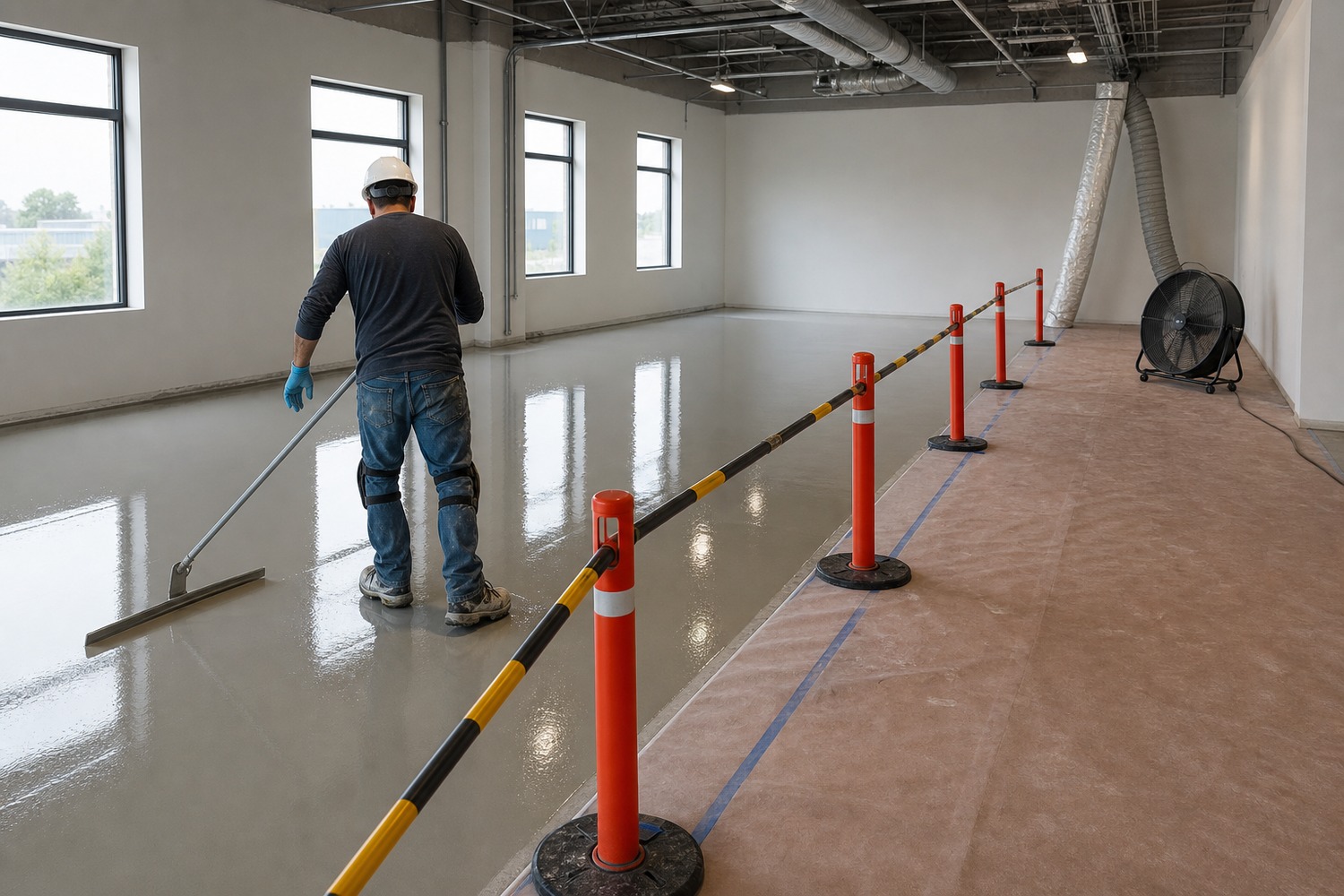 Resinous floor installation in progress behind dust containment