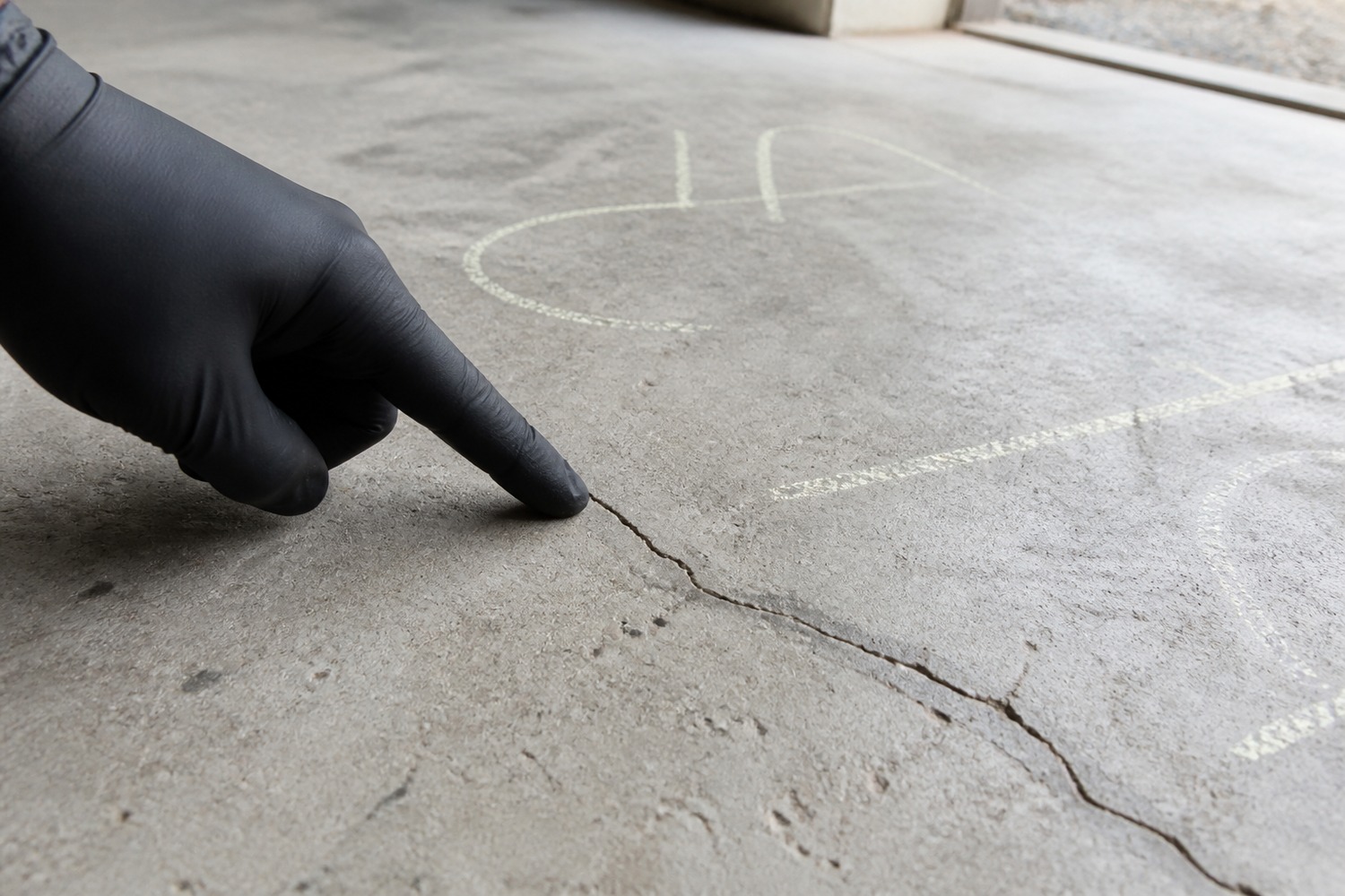 Gloved hand pointing at a slab crack during an assessment