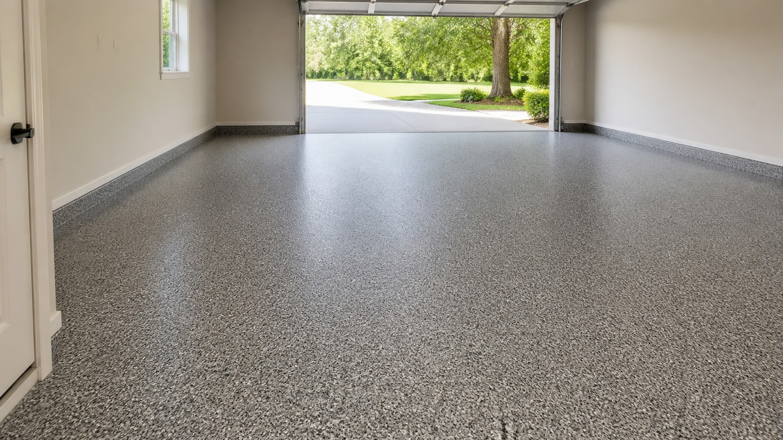 Completed two-car garage floor with a vinyl flake finish