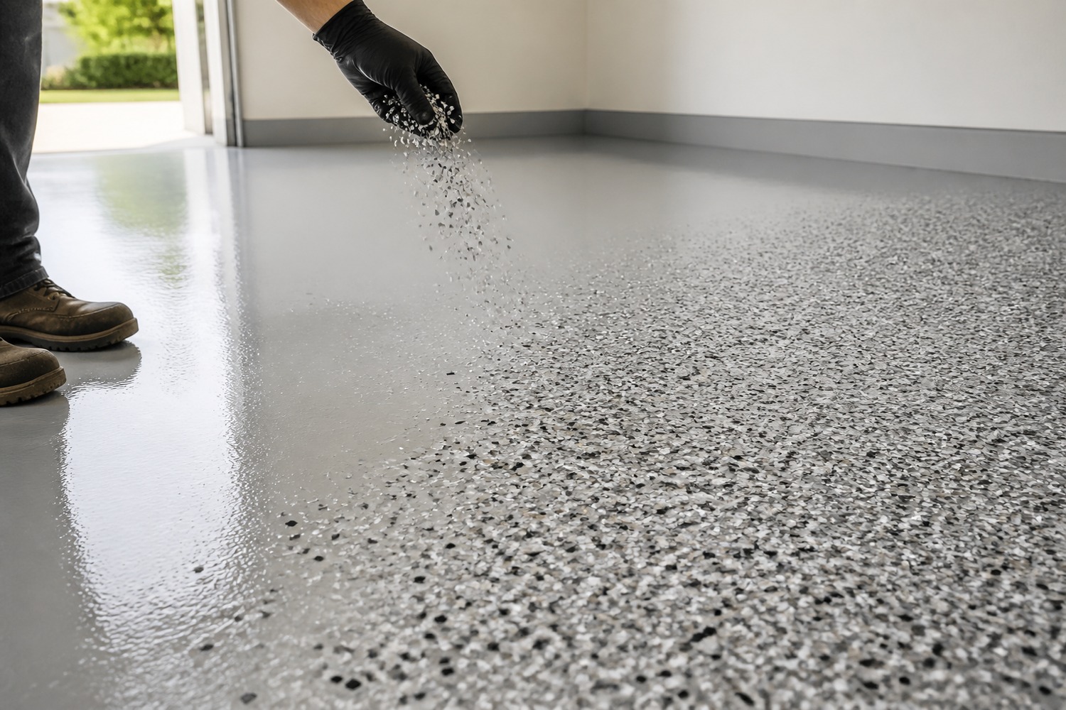Vinyl flake broadcast into a wet epoxy base coat