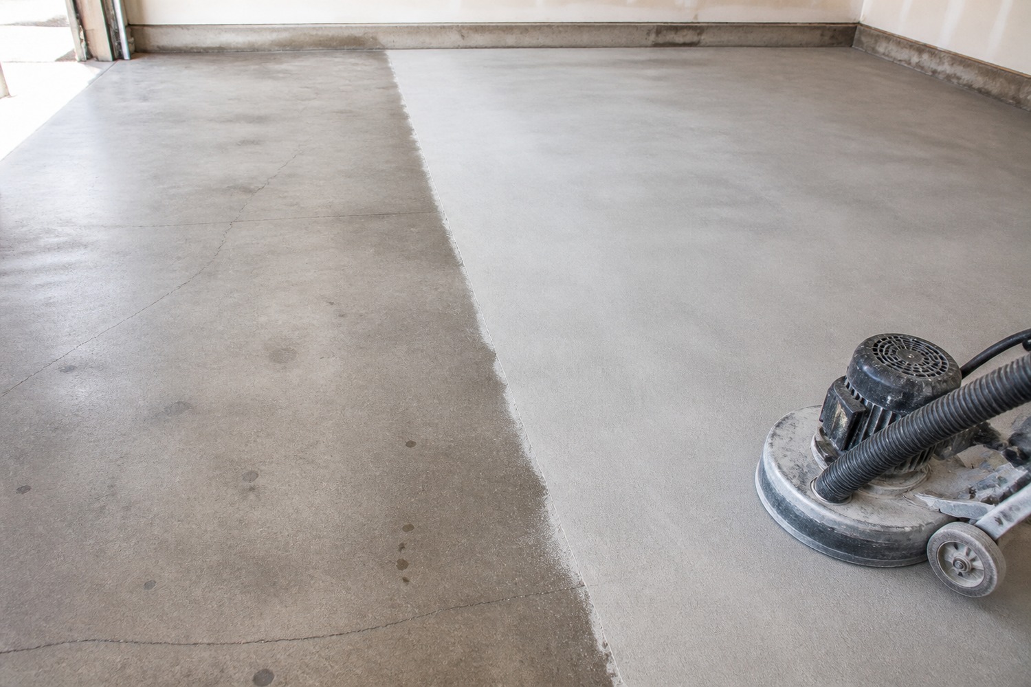 Garage slab mid-preparation, partially ground concrete
