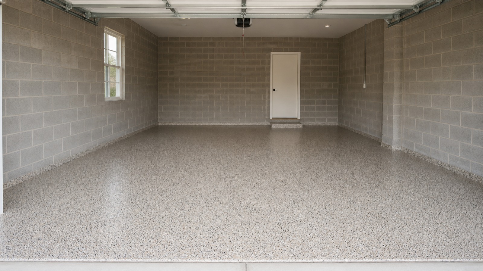 Freshly coated residential garage floor with a flake finish
