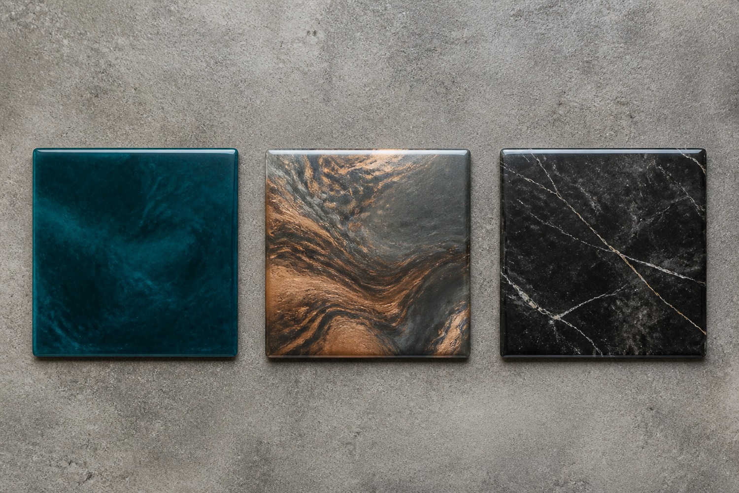 Three metallic finish sample panels side by side