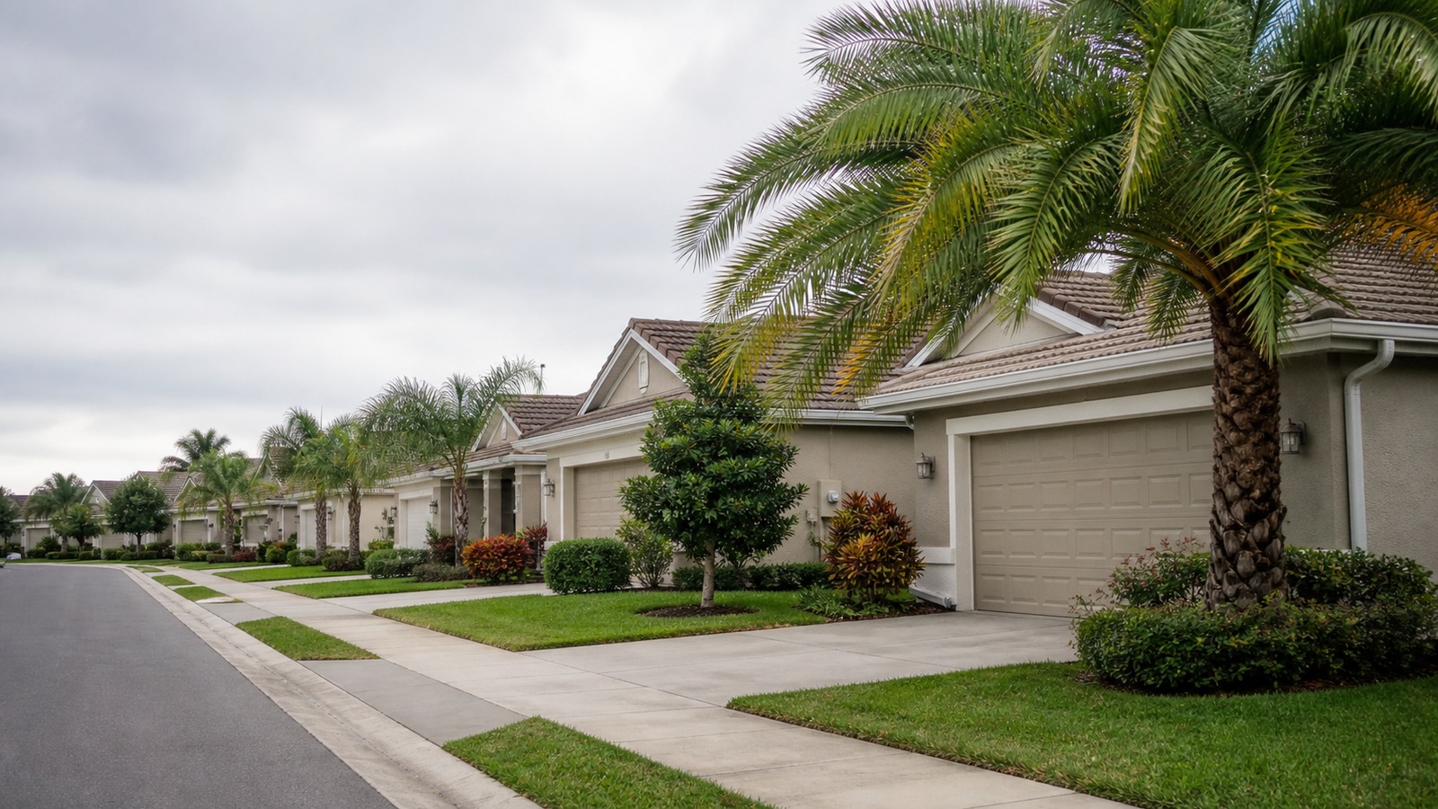 Row of residential garage driveways in a warm climate