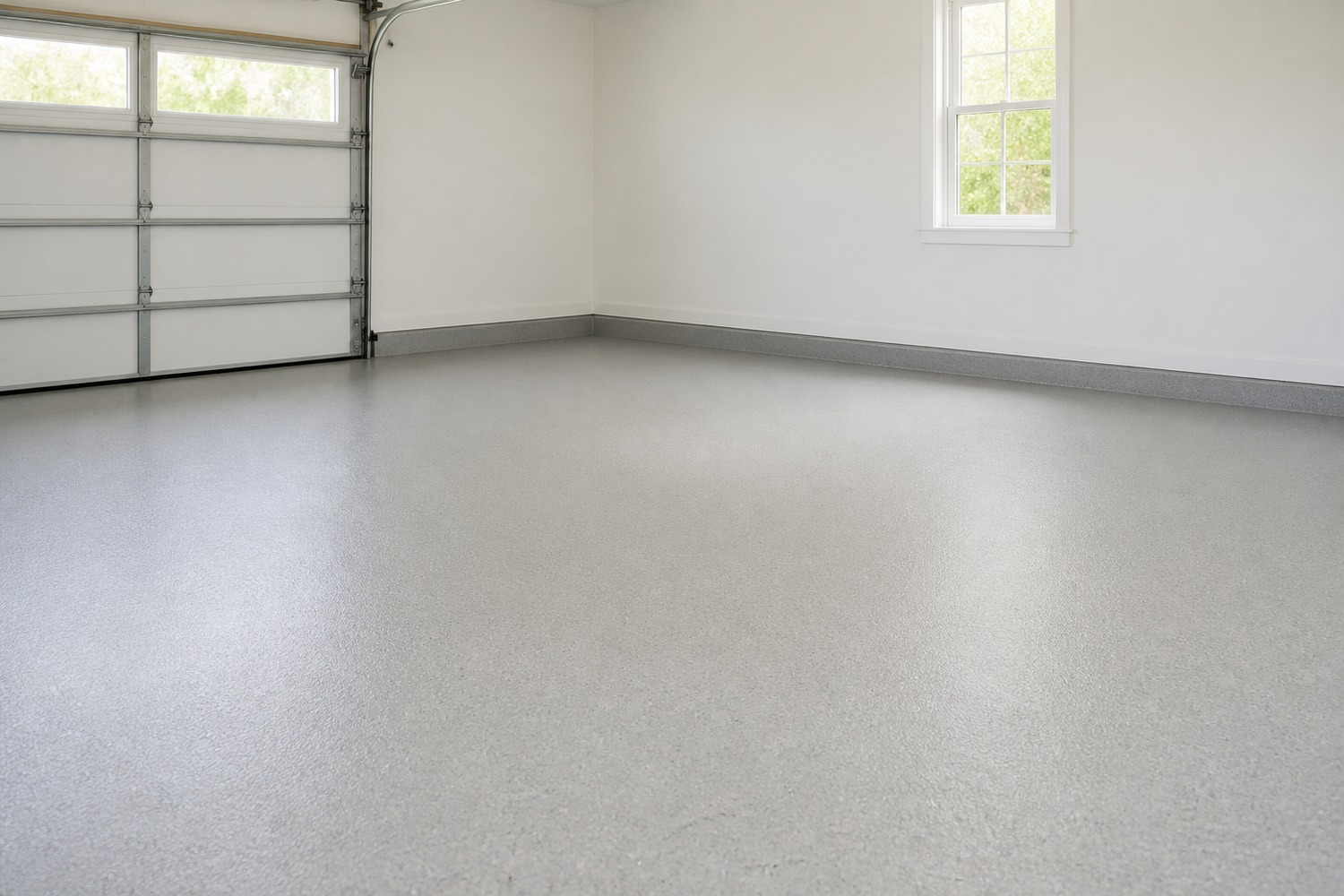 Freshly coated garage floor with a clean cove base