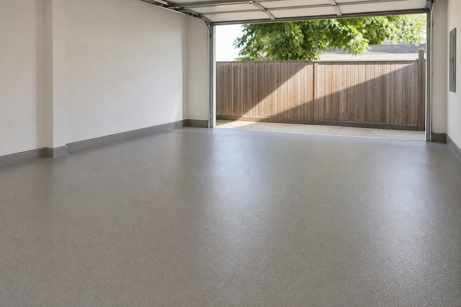 Detached garage floor coated in a solid color