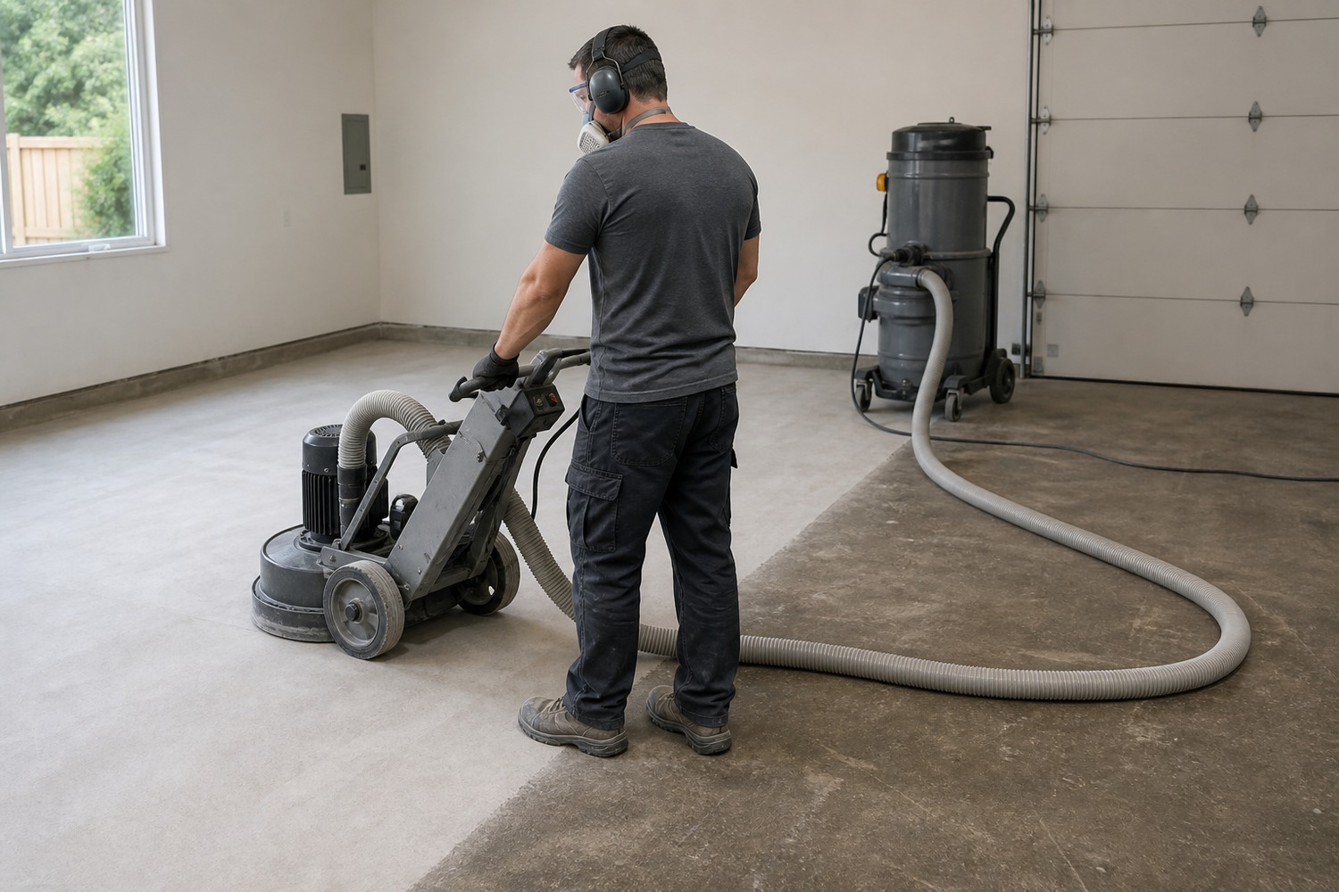 Mechanical grinding of a concrete slab with dust extraction