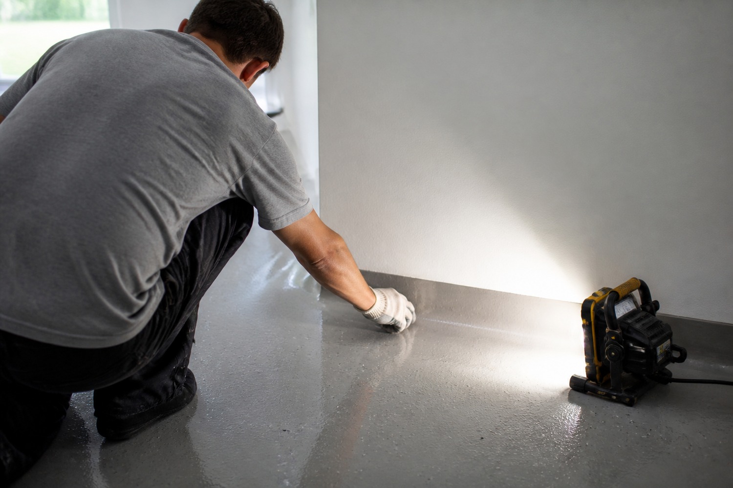 Installer inspecting a finished floor edge under a work light